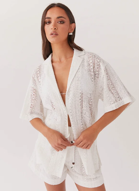 Knit Tops with Faux Leather Details-Sun Catcher Knit Oversized Shirt - Ivory