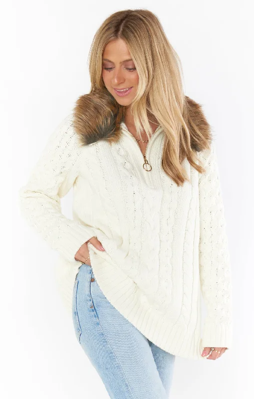 Women's Pullovers Sweater with Heart Detail-Sun Valley Pullover ~ Cream Cable Knit with Faux Fur Women's Pullovers Sweater with Heart Detail-Sun Valley Pullover ~ Cream Cable Knit with Faux Fur