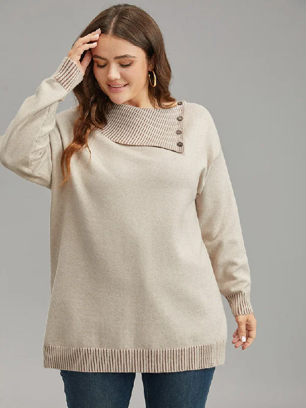 Women's Casual Style Pullovers Sweater-Supersoft Essentials Asymmetrical Neck Button Detail Pullover