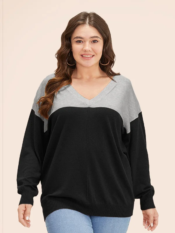 Women's Stylish Knit Pullovers Sweater-Supersoft Essentials Colorblock Two Tone Patchwork V Neck Pullover Women's Stylish Knit Pullovers Sweater-Supersoft Essentials Colorblock Two Tone Patchwork V Neck Pullover