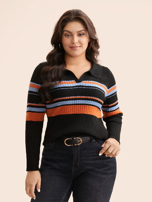 Women's Loose Knit Pullovers Sweater-Supersoft Essentials Colored Striped Polo Neck Pullover