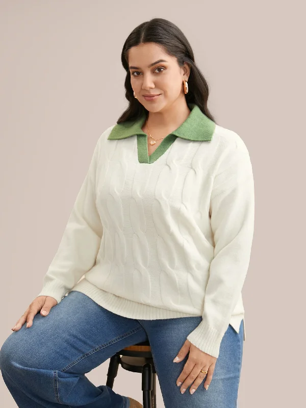Women's Loose Knit Wool Pullover Sweater-Supersoft Essentials Contrast Polo Neck Cable Knit Pullover Women's Loose Knit Wool Pullover Sweater-Supersoft Essentials Contrast Polo Neck Cable Knit Pullover