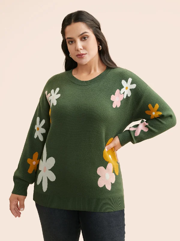 Women's Pullover Sweater with Thick Knit Pattern-Supersoft Essentials Floral Crew Neck Pullover Women's Pullover Sweater with Thick Knit Pattern-Supersoft Essentials Floral Crew Neck Pullover