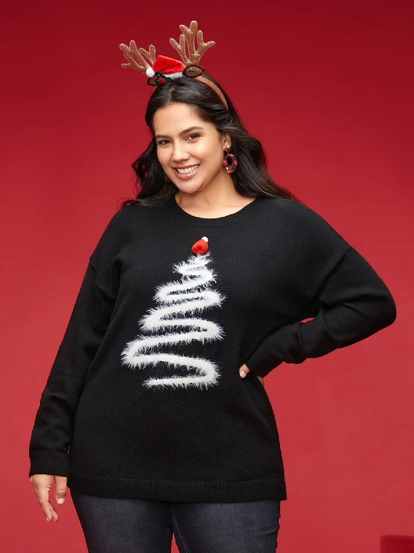 Women's Long Sleeve Casual Knit Pullovers Sweater-Supersoft Essentials Hat On Furry Tree Crew Pullover Women's Long Sleeve Casual Knit Pullovers Sweater-Supersoft Essentials Hat On Furry Tree Crew Pullover