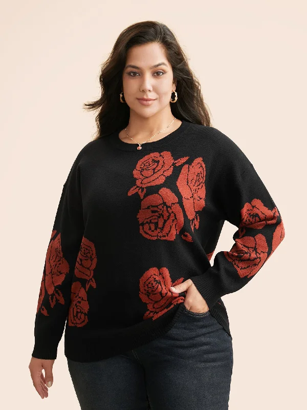 Women's Soft Wool Blend Pullover Sweater for Winter-Supersoft Essentials Round Neck Floral Print Pullover Women's Soft Wool Blend Pullover Sweater for Winter-Supersoft Essentials Round Neck Floral Print Pullover