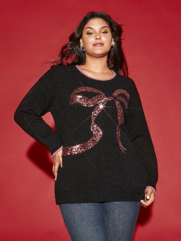 Women's Soft and Cozy Knit Pullovers Sweater-Supersoft Essentials Sequin Embroidery Bow Detail Pullover Women's Soft and Cozy Knit Pullovers Sweater-Supersoft Essentials Sequin Embroidery Bow Detail Pullover