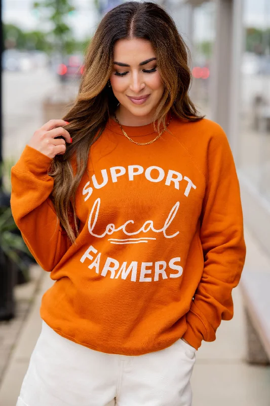 Women's Sweatshirts with Cool Side Slits -Support Local Farmers Mixed Fonts Graphic Crewneck Women's Sweatshirts with Cool Side Slits -Support Local Farmers Mixed Fonts Graphic Crewneck