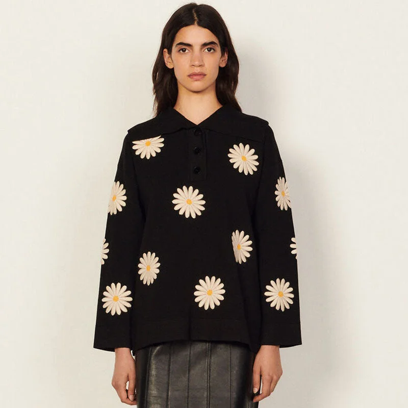 Women's Cashmere Knit Pullover Sweater with Cozy Fit-Sweet Daisy Embroidered Oversized Collar Pullover Sweater - Black