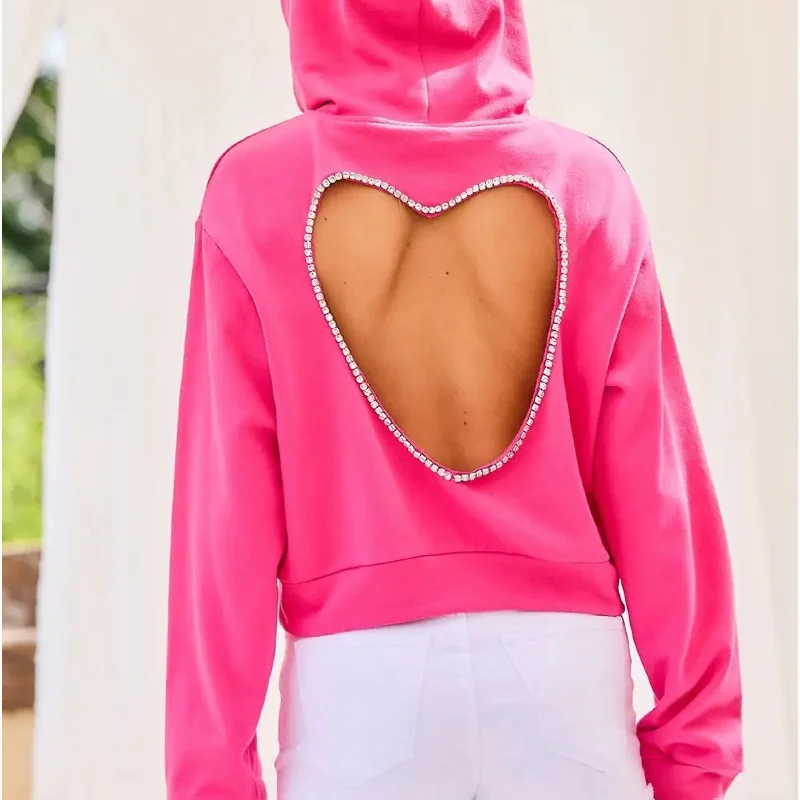 Women's Sweatshirts with Chic Sporty Look -Sweet On You Rhinestone Trim  Hoodie Hot Pink