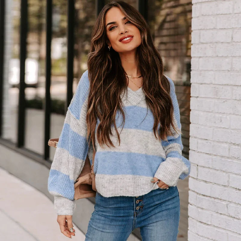 Women's Wool Pullover Sweater with Cozy Knit Pattern-Sweet Oversized Striped V Neck Inside Out Pullover Knit Sweater