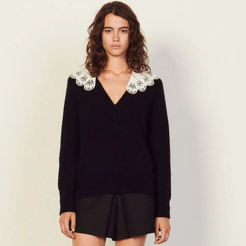 Women's Striped Pullovers Sweater-Sweet Peter Pan Collar Deep V Long Sleeve Pullover Sweater - Black