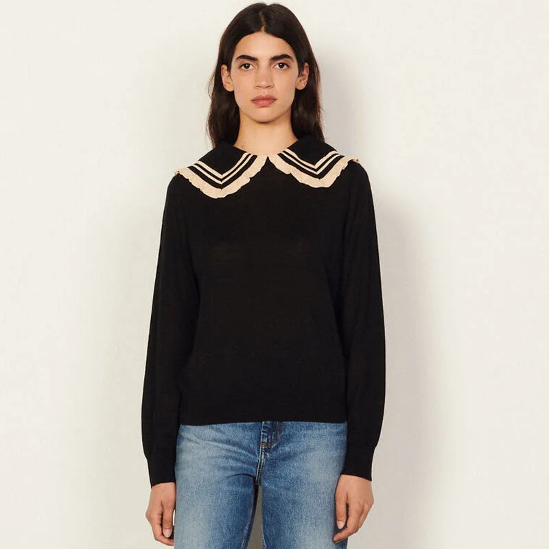 Women's Pullovers Sweater with Chunky Knit-Sweet Peter Pan Collar Long Sleeve Pullover Sweater - Black