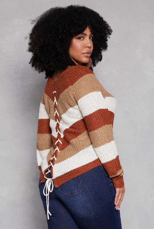 Women's Wool Cashmere Blend Pullover Sweater-Plus Size Chevron Lace Up Pullover Sweater
