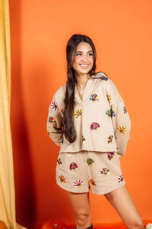 Women's Sweatshirts for Long Walks -Tan Multi Turkey Hoody Sweatshirt