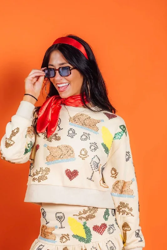 Women's Sweatshirts with Comfortable Design for Easy Wear -Tan Scattered Needlepoint Turkey Dinner Cropped Sweatshirt