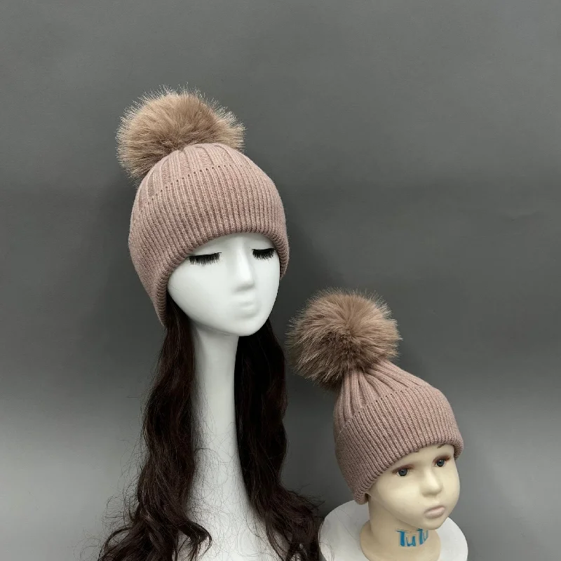 Loose Fit Knit Sweater for Women -Taupe Faux Fur Bobble Hat