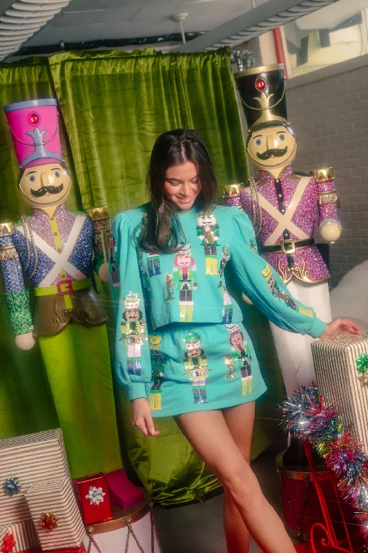 Women's Sweatshirts with Soft, Smooth Texture -Teal Nutcracker Band Poof Sleeve Sweatshirt