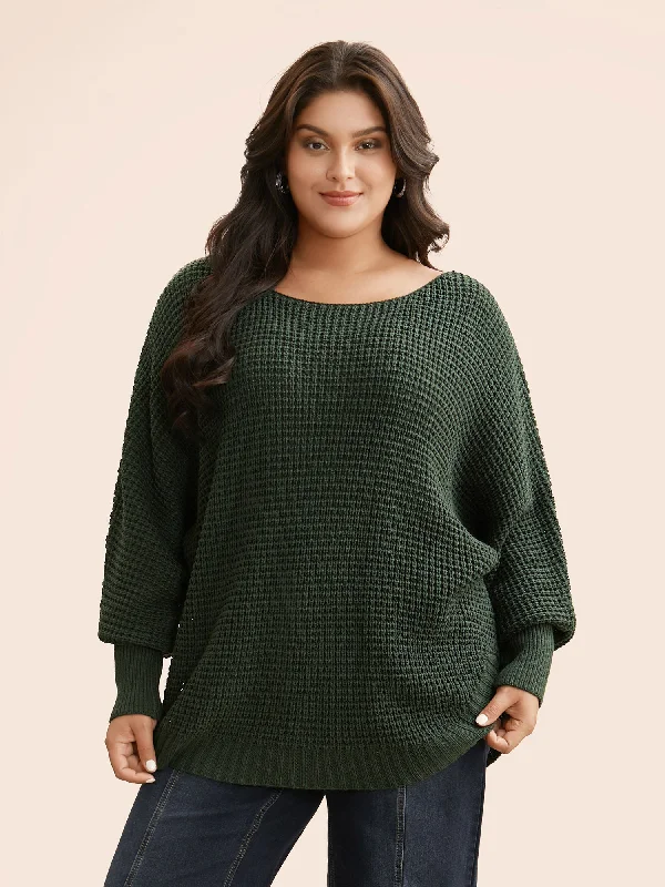 Women's Comfy Knit Pullovers Sweater-Texture Boat Neck Dolman Sleeve Pullover