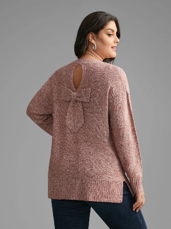 Women's Loose Wool Pullovers Sweater-Texture Bowknot Cut Out Slit Hem Pullover