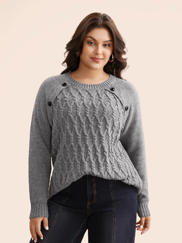 Women's Light Wool Pullovers Sweater-Texture Cable Knit Button Detail Pullover
