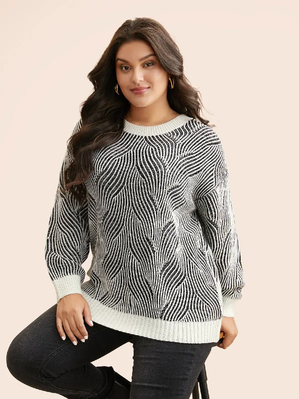Women's Elegant Pullovers Sweater-Texture Contrast Round Neck Pullover