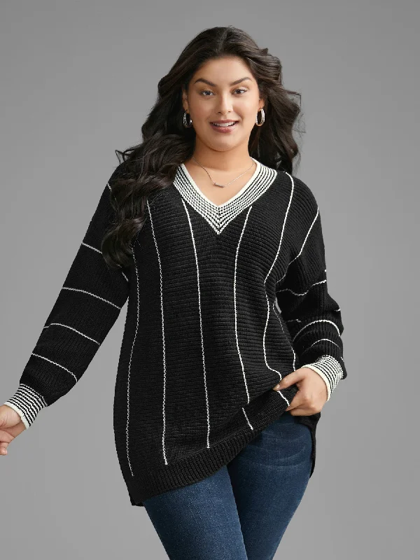 Women's Cardigan-style Knit Pullovers Sweater-Texture Contrast Striped Lantern Sleeve Pullover
