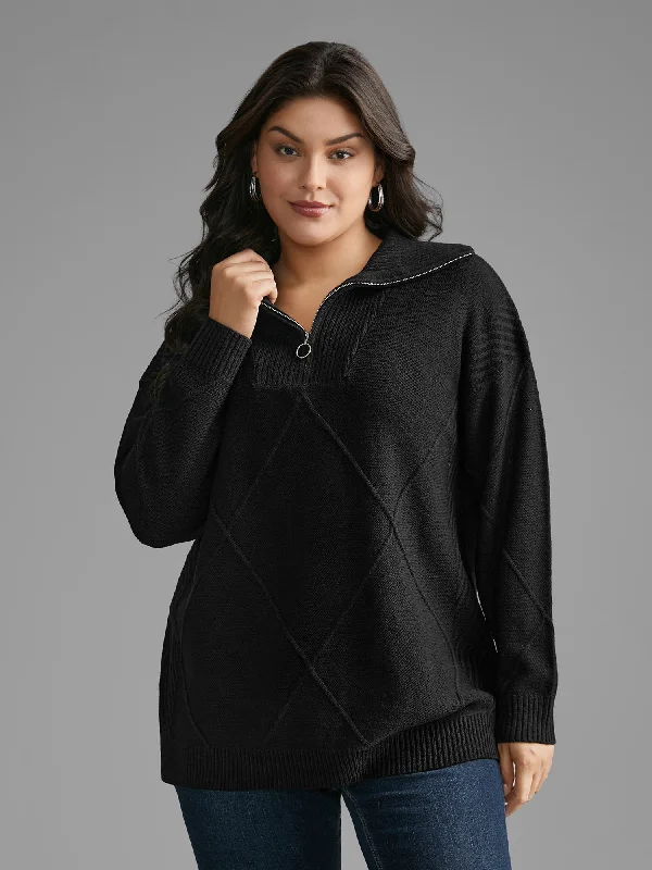 Women's Pullovers Sweater with Geometric Pattern-Texture Half Zip Drop Shoulder Pullover Women's Pullovers Sweater with Geometric Pattern-Texture Half Zip Drop Shoulder Pullover