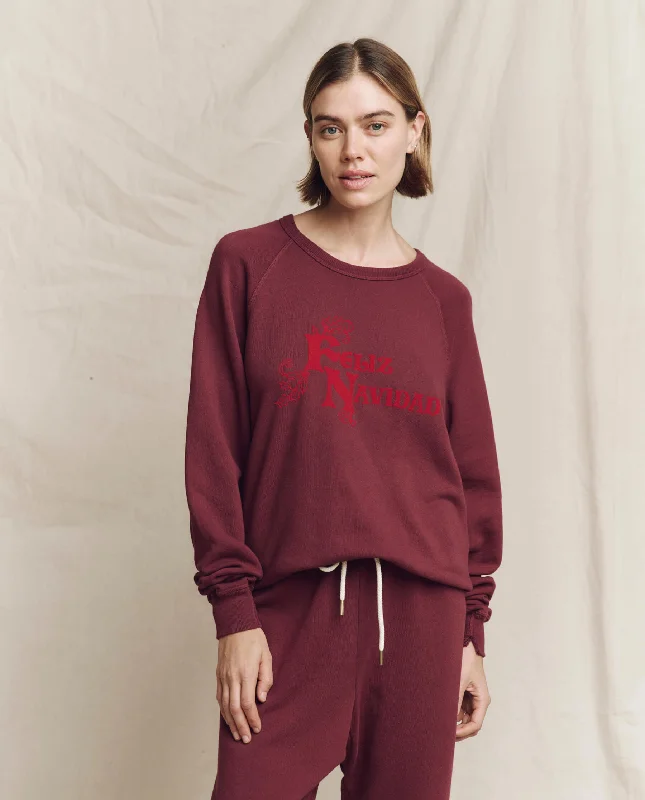 Women's Sweatshirts with Padded Shoulders -The College Sweatshirt. Graphic -- Mulled Wine with Feliz Navidad Graphic