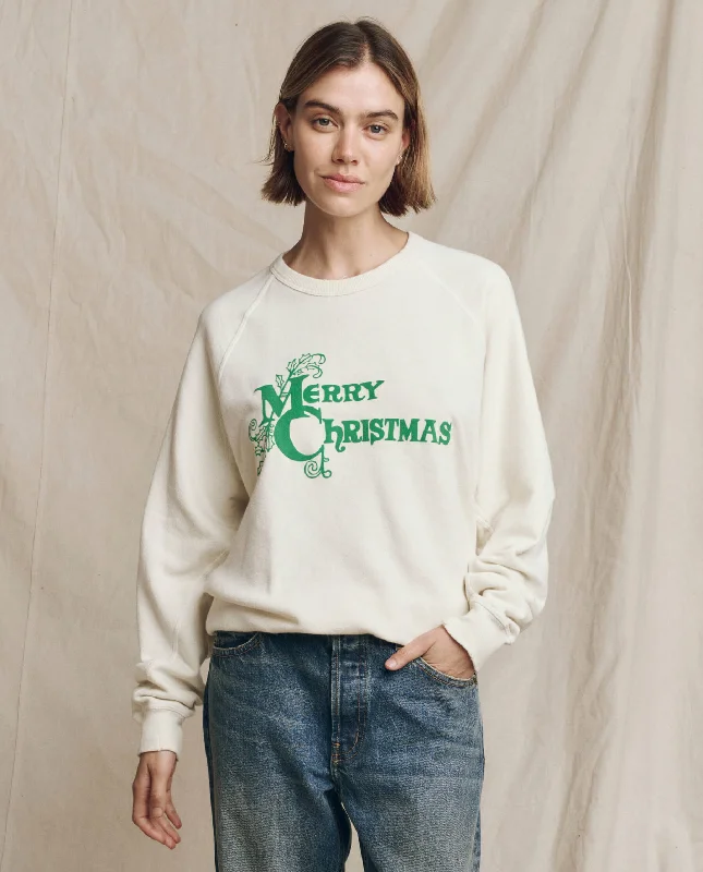 Women's Sweatshirts with Double-Layer Design -The College Sweatshirt. Graphic -- Washed White with Merry Christmas Graphic