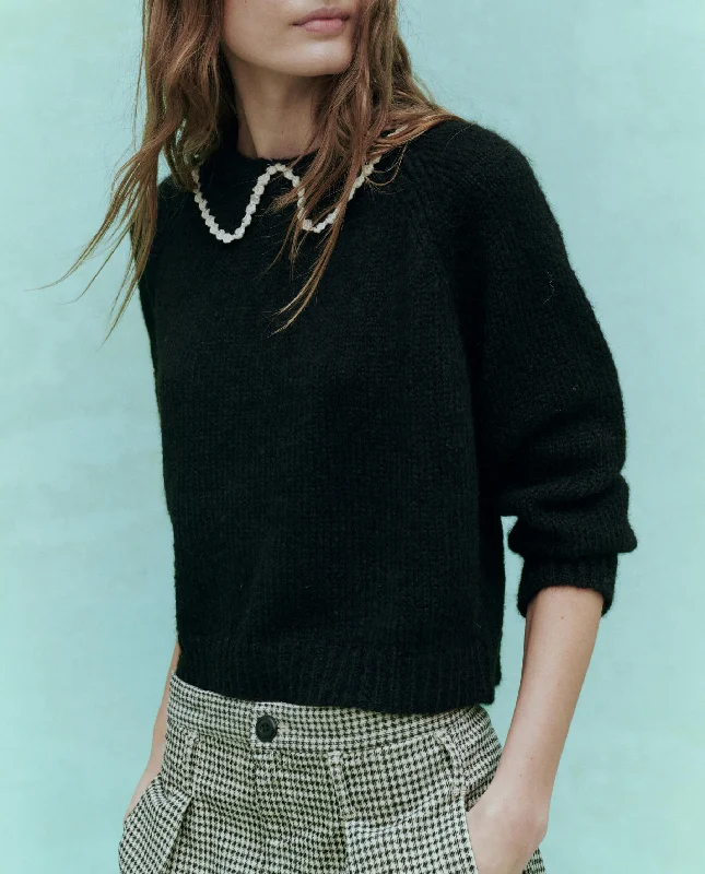Women's Relaxed Cashmere Pullover Sweater-The Crochet Collar Pullover. -- Black with Soft White Women's Relaxed Cashmere Pullover Sweater-The Crochet Collar Pullover. -- Black with Soft White