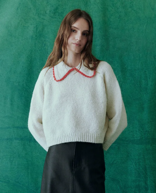 Women's Comfy Knit Wool Pullovers Sweater-The Crochet Collar Pullover. -- Soft White with Cherry Women's Comfy Knit Wool Pullovers Sweater-The Crochet Collar Pullover. -- Soft White with Cherry