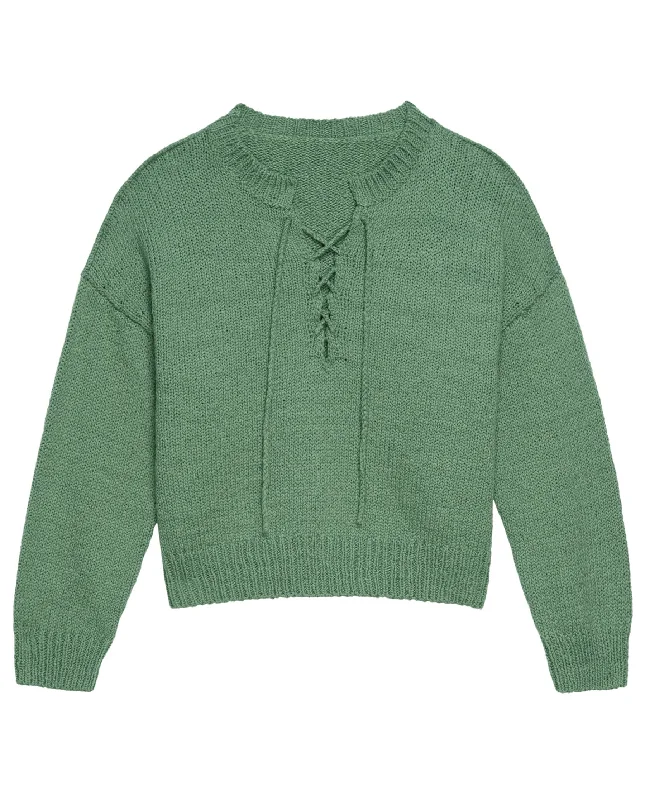 Women's Solid Color Pullover Sweater for Women-The Lace Up Pullover. -- Dried Basil