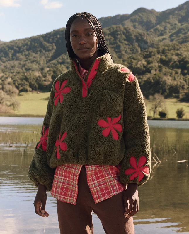 Women's Button-Front Wool Pullover Sweater-The Patch Pocket Countryside Pullover with Daisy Applique. -- Army with Hot Red Women's Button-Front Wool Pullover Sweater-The Patch Pocket Countryside Pullover with Daisy Applique. -- Army with Hot Red