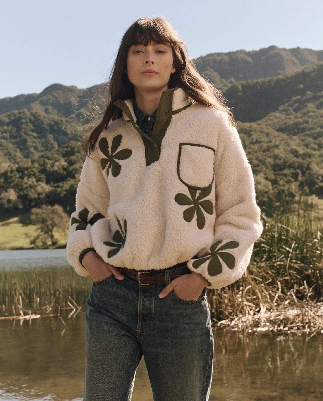 Women's Soft Knit Pullover Sweater with Drawstring-The Patch Pocket Countryside Pullover with Daisy Applique. -- Cream with Army Women's Soft Knit Pullover Sweater with Drawstring-The Patch Pocket Countryside Pullover with Daisy Applique. -- Cream with Army