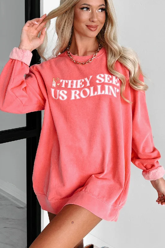 Women's Sweatshirts with Vintage Logo -"They See Us Rollin'" Graphic Crewneck (Watermelon) - Print On Demand