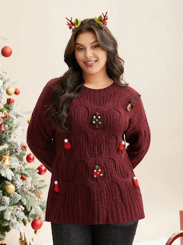 Women's Cozy Cardigan-Pullover Sweater-Tis The Season Motifs Cable Knit Pullover