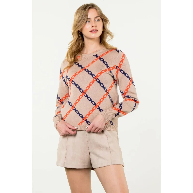 Women's Soft Knit Pullover Sweater with Side Pockets-Chain Pullover