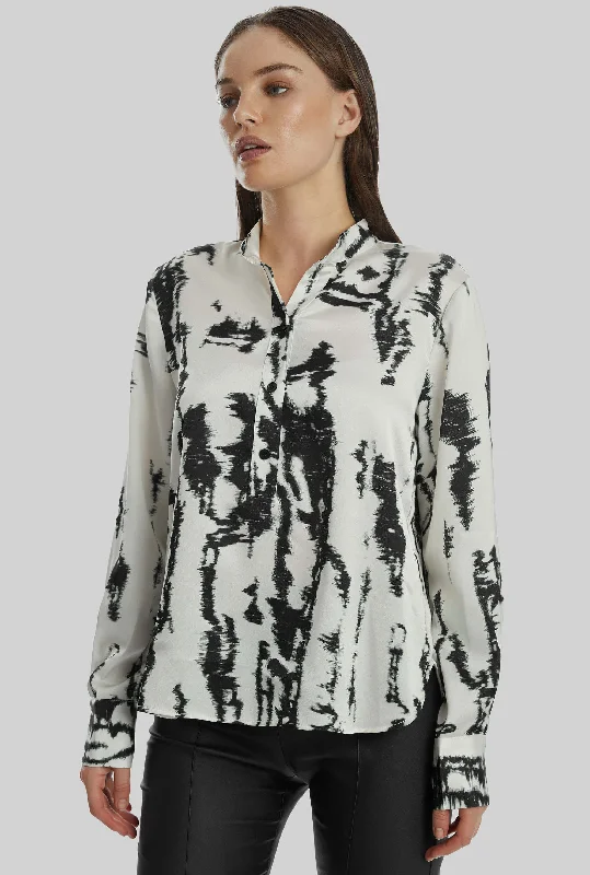 Women's Embroidered Blouses -Tie Dye Satin Mandarin Collar Blouse In Black-White