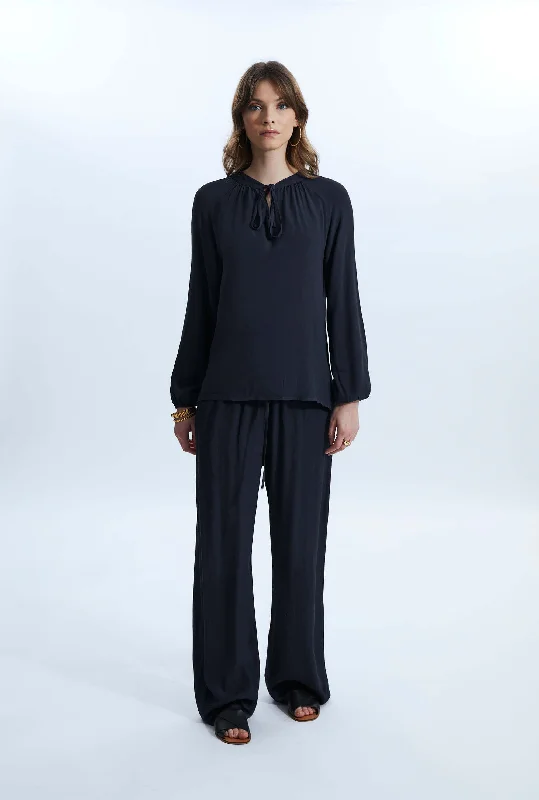 Women's Linen Shirts -Tie Up Neck Blouse