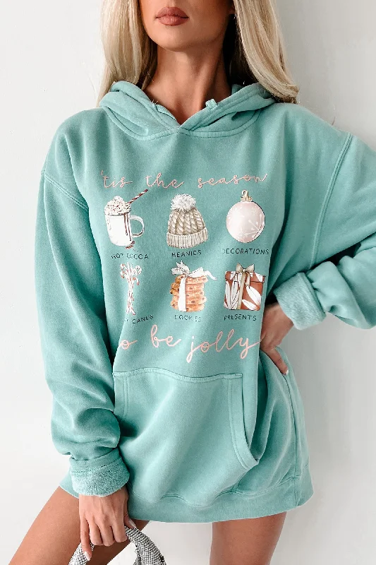 Women's Sweatshirts with Comfortable Neckline -"Tis The Season To Be Jolly" Vintage Wash Graphic Hoodie (Mint) - Print On Demand