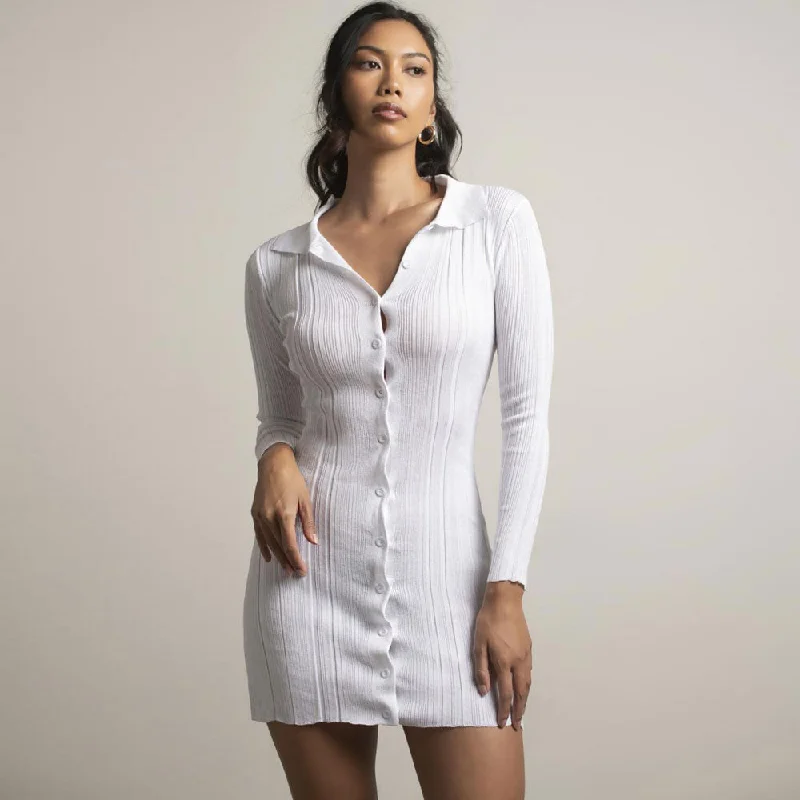 Women's Sweaterdress for Every Season -Trendy Folded Collar Button Down White Fitted Rib Knit Mini Dress Women's Sweaterdress for Every Season -Trendy Folded Collar Button Down White Fitted Rib Knit Mini Dress