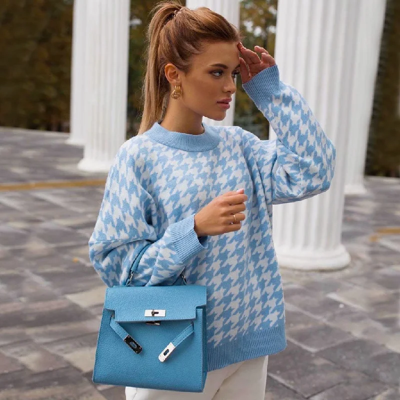 Women's Cozy Pullovers Sweater-Trendy High Neck Long Sleeve Houndstooth Knit Pullover Sweater - Blue