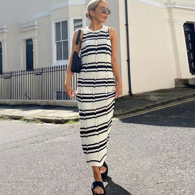Women's Sweaterdress for Holiday Parties -Trendy Black Striped Crew Neck Sleeveless Crochet Pointelle Knit Midi Dress Women's Sweaterdress for Holiday Parties -Trendy Black Striped Crew Neck Sleeveless Crochet Pointelle Knit Midi Dress