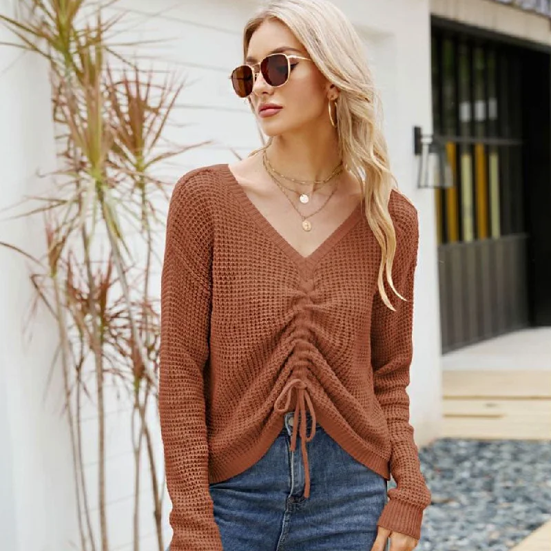 Women's Lightweight Pullover Sweater for Office Wear-Trendy V Neck Ruched Cinch Pullover Textured Knit Sweater