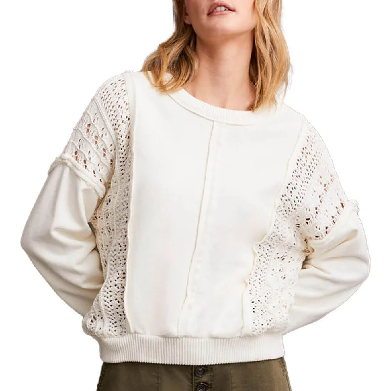 Women's Fitted Pullovers Sweater-Tribal Mixed Media Crew Neck Raglan Pullover Sweater With Special Wash - Eggshell Women's Fitted Pullovers Sweater-Tribal Mixed Media Crew Neck Raglan Pullover Sweater With Special Wash - Eggshell