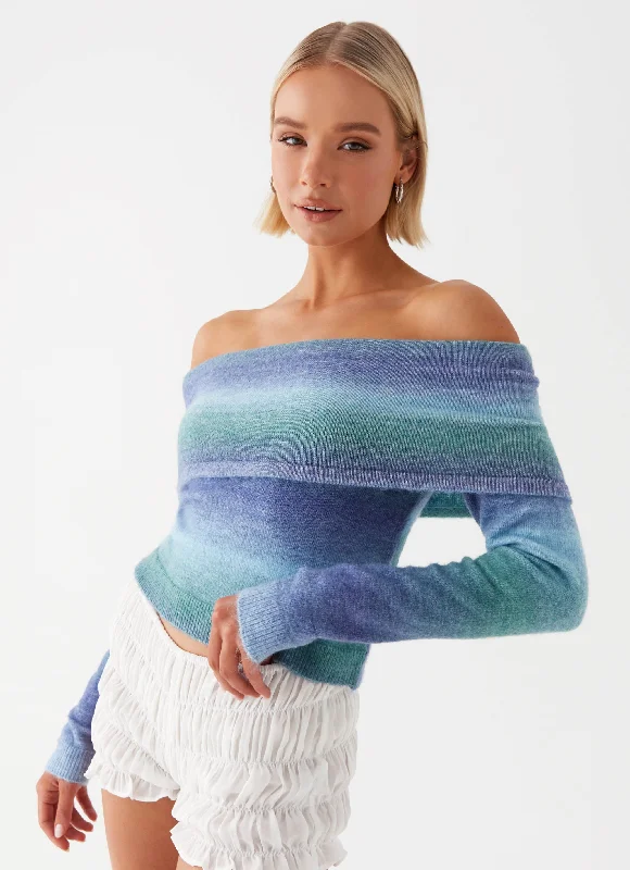 Knit Tops with Ruffled Sleeves-Tully Off Shoulder Knit - Blue Ombre