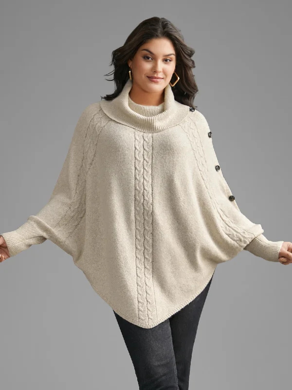 Women's Vintage Pullovers Sweater-Turtleneck Cable Knit Asymmetrical Hem Pullover