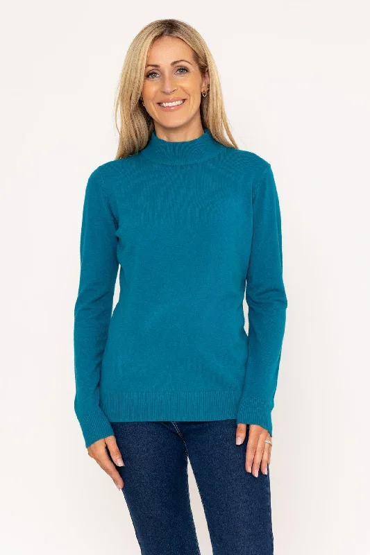 Knit Tops with Scallop Hem-Turtleneck Knit in Teal