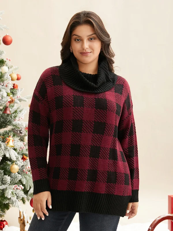 Women's Cozy Pullover Sweater for Cold Days-Turtleneck Plaid Pattern Straight Fit Pullover Women's Cozy Pullover Sweater for Cold Days-Turtleneck Plaid Pattern Straight Fit Pullover