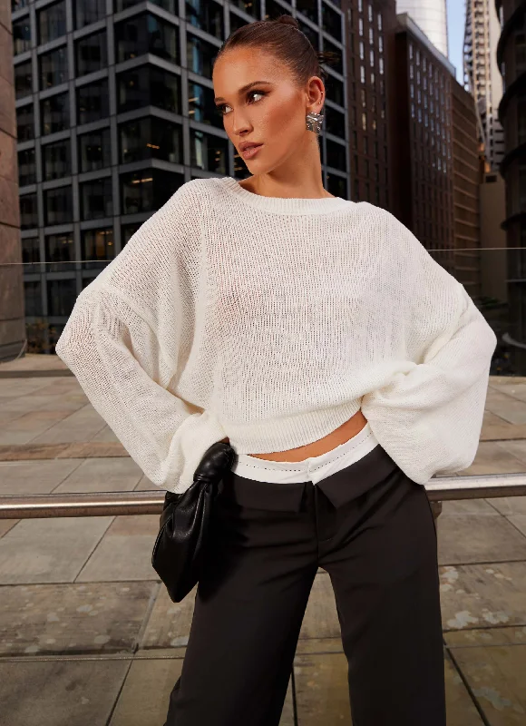 Women's Casual Knit Sweater with Pockets -Tyla Oversized Knit Sweater - White